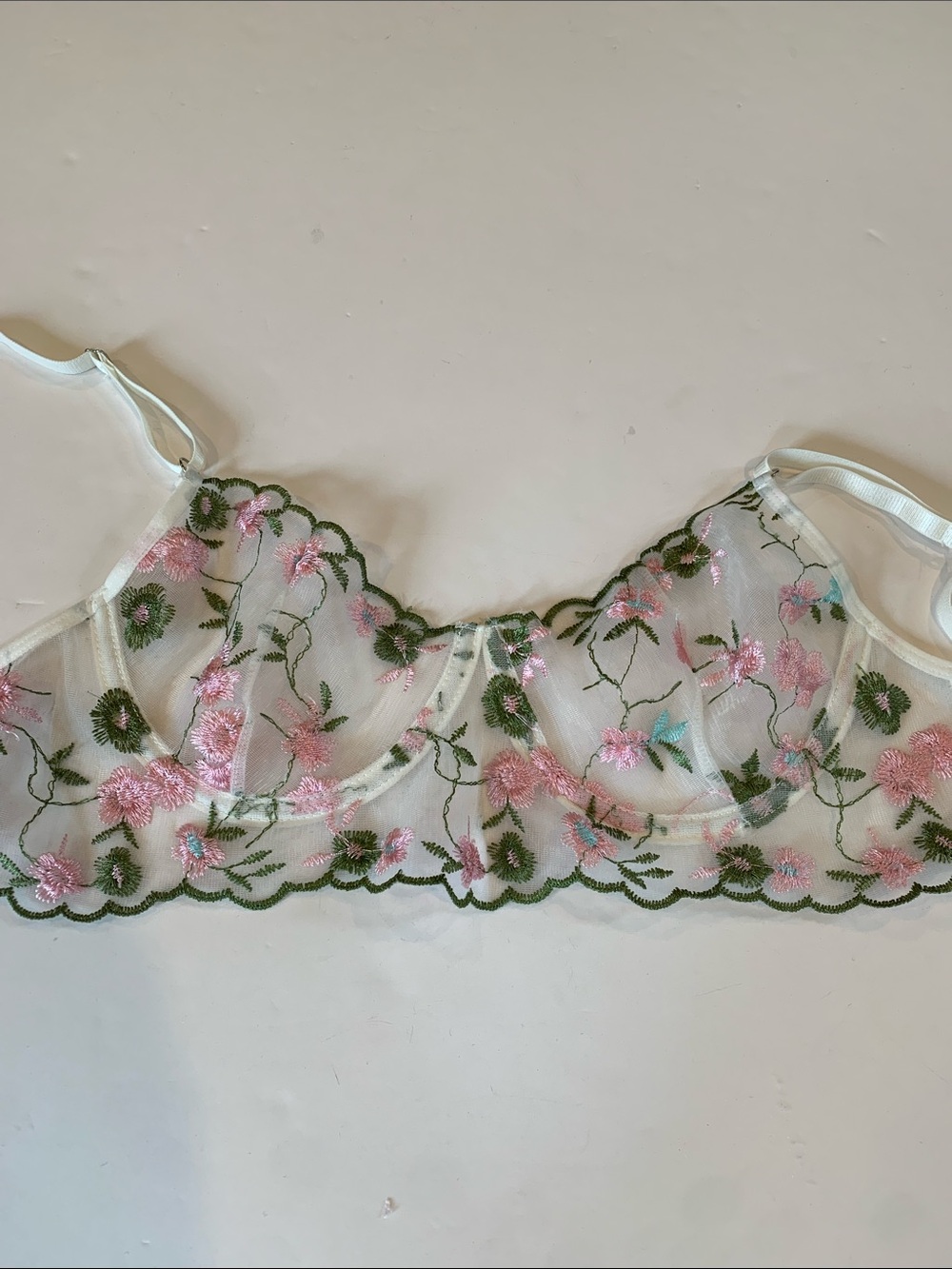 SHEIN Women’s Medium Pink & Green Floral Sheer Lace Underwire Bra Lingerie